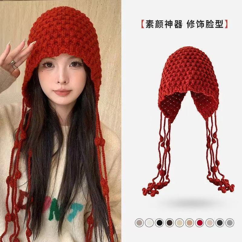 川西手工旅游镂空红色针织包头帽子流苏护耳毛线帽绑带毛线套头帽