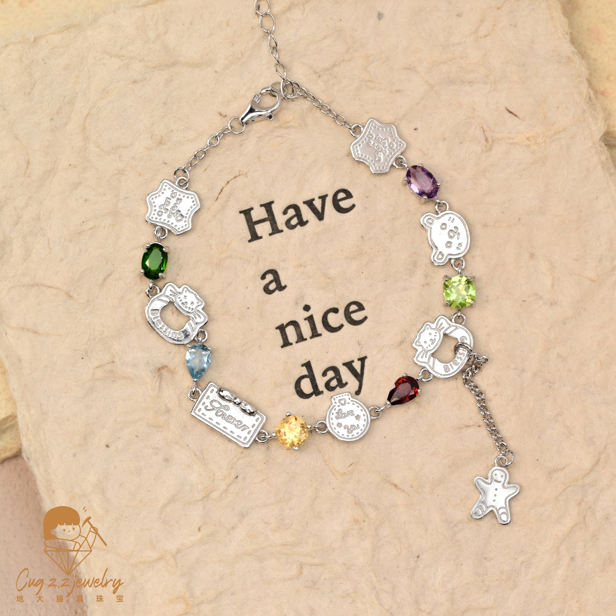 姜饼人*天然彩色宝石水晶多宝手链925银可可爱爱设计款手链
