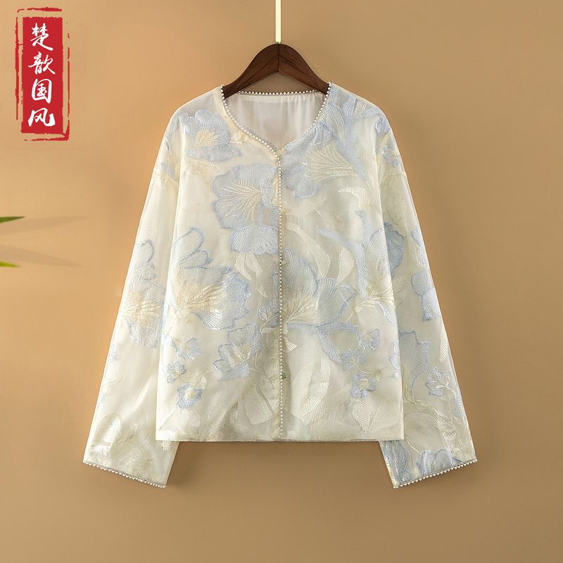 【玉兰】春夏2025新款国风宽松上衣女装新中式圆领绣花气质薄款外套