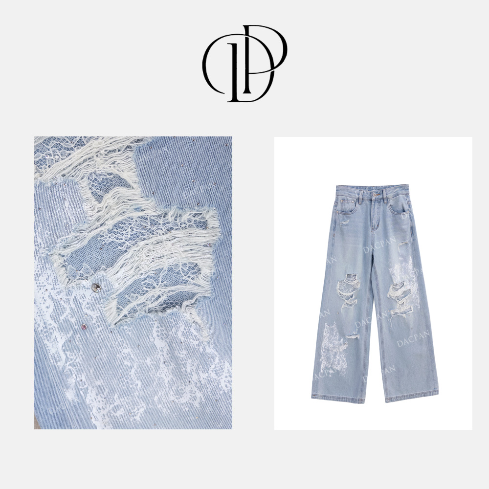 DACPAN-“冰川公园”蕾丝破洞烫钻直筒牛仔裤2025/盼· PP 6691