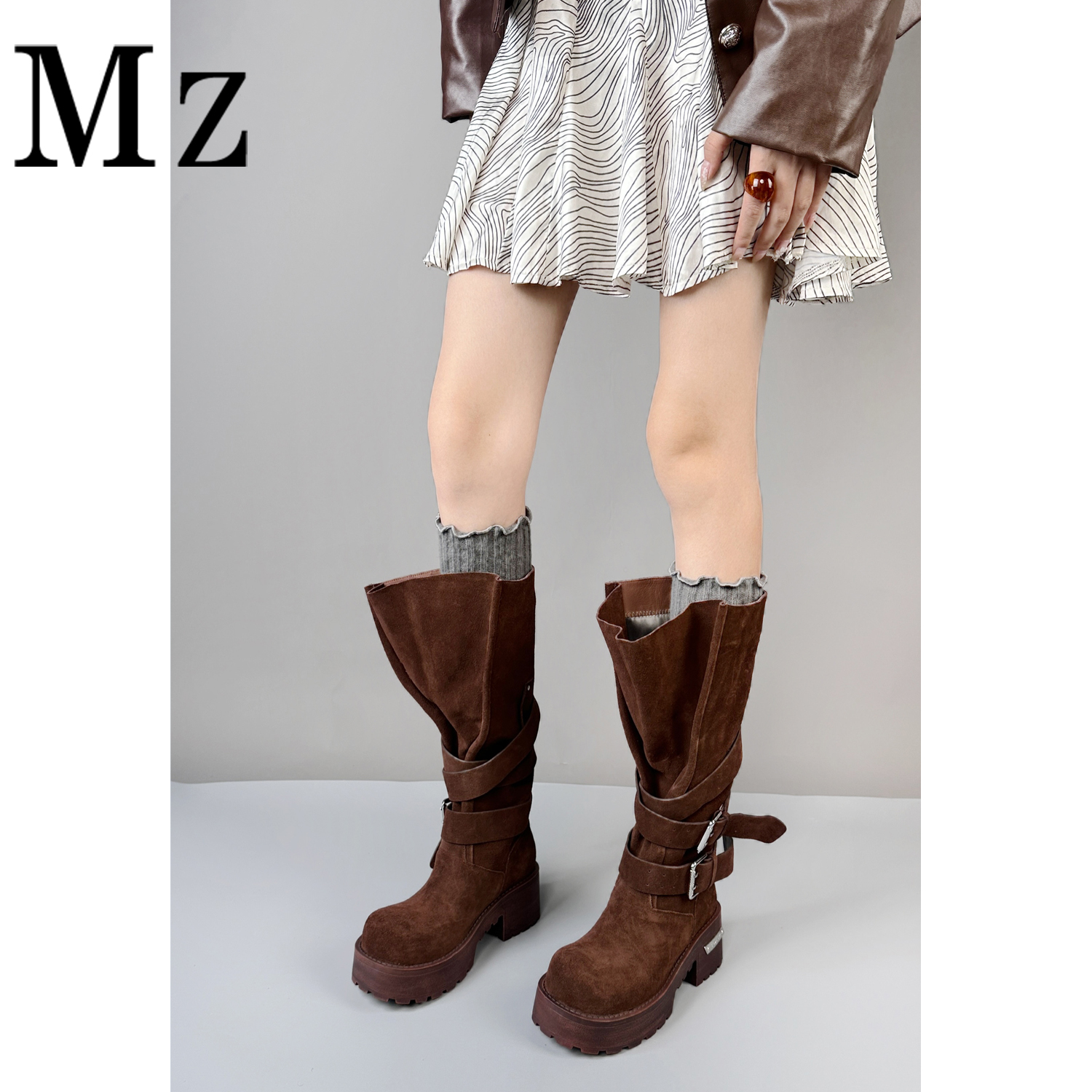 Mr.Zheng/5.3cm/设计师款皮带扣真皮中筒靴复古厚底个性休闲女靴