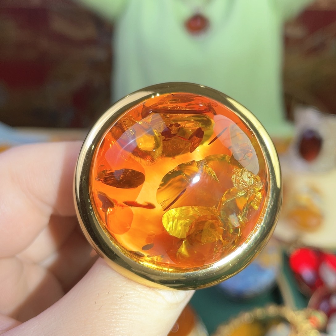 琥珀戒指银S925镀金镶嵌首饰42克