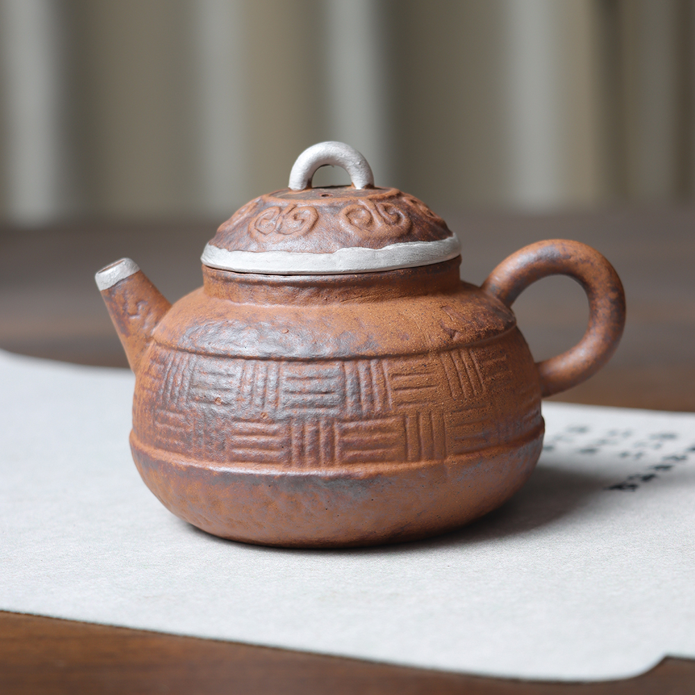【拿放斋】鎏银吉祥编织壶.3786.粗陶老岩泥原矿茶壶泡茶壶.SL