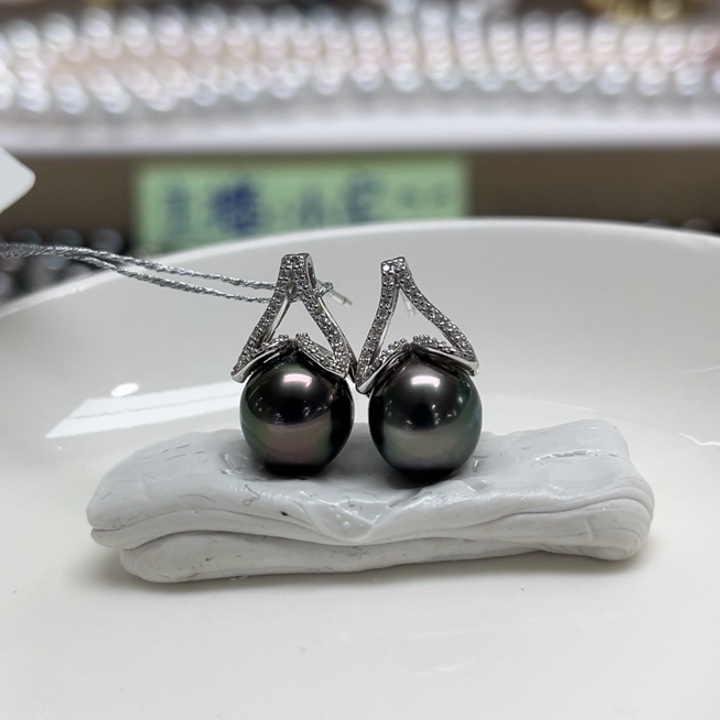 银S925镶嵌耳饰海水珍珠大溪地9-10m 79号