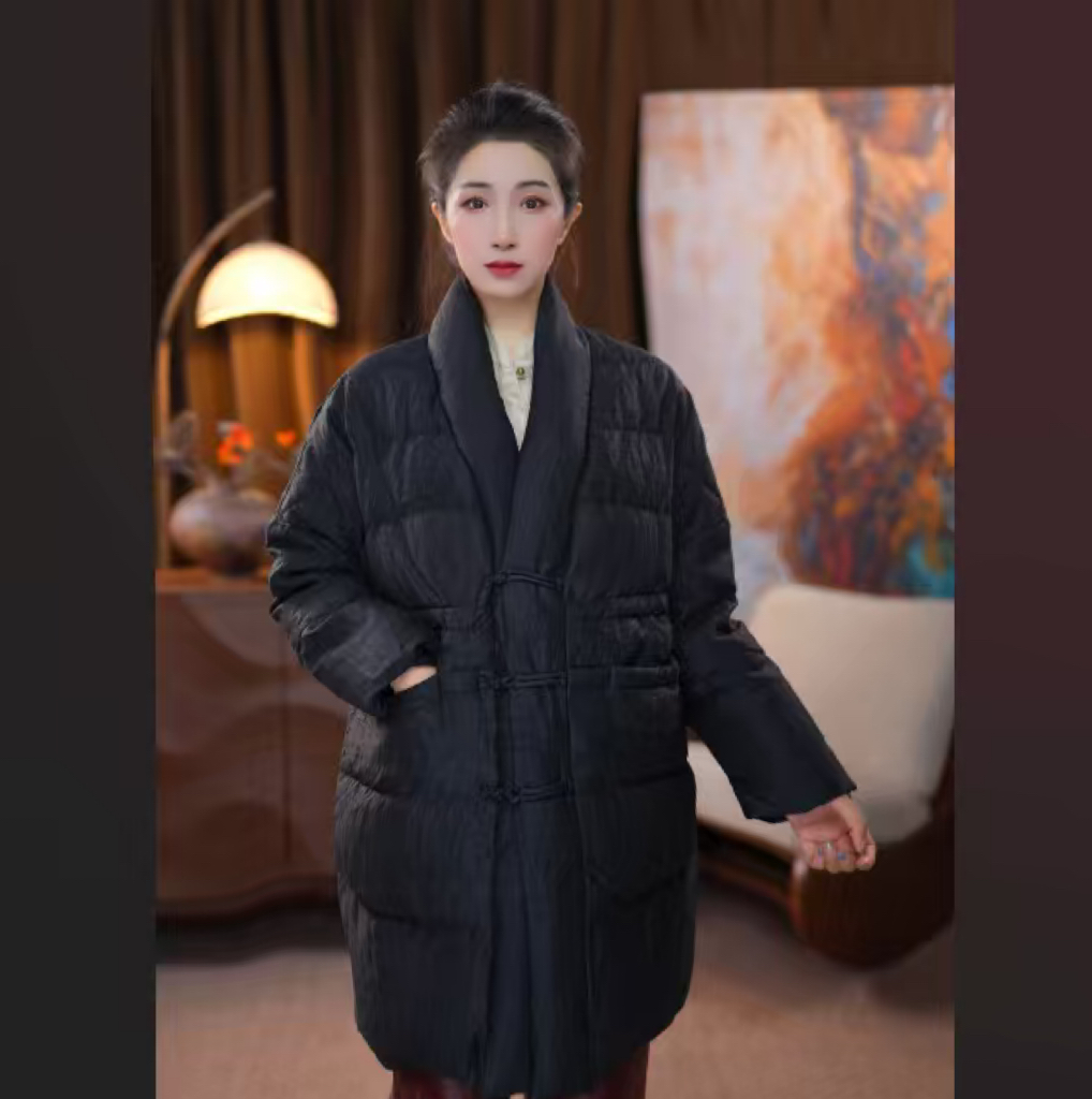 【音素】百分百桑蚕丝红云纱白鹅绒中长款羽绒服