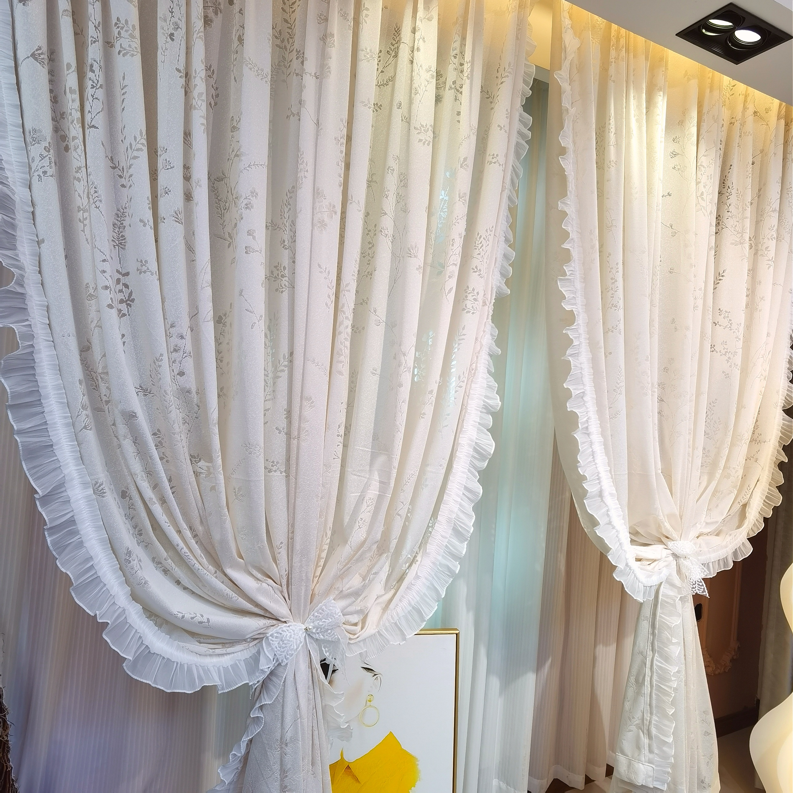 【热销款】奶油色法式纱帘[有钱花]透光不透人纱帘客厅阳台纱帘窗帘