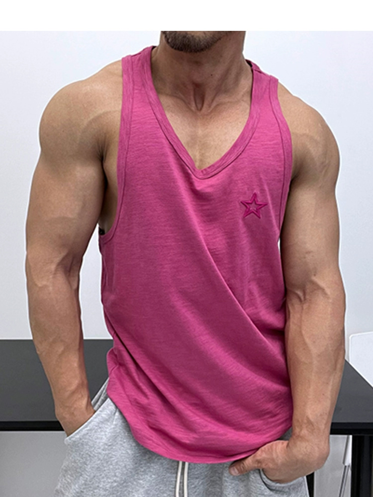 质感好面料！透气竹节棉刺绣纯棉宽松背心无袖T恤修身肌肉男显壮