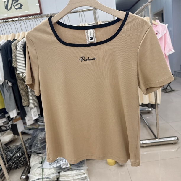 6820夏季大码时尚方领短袖T恤设计感强百搭休闲女款