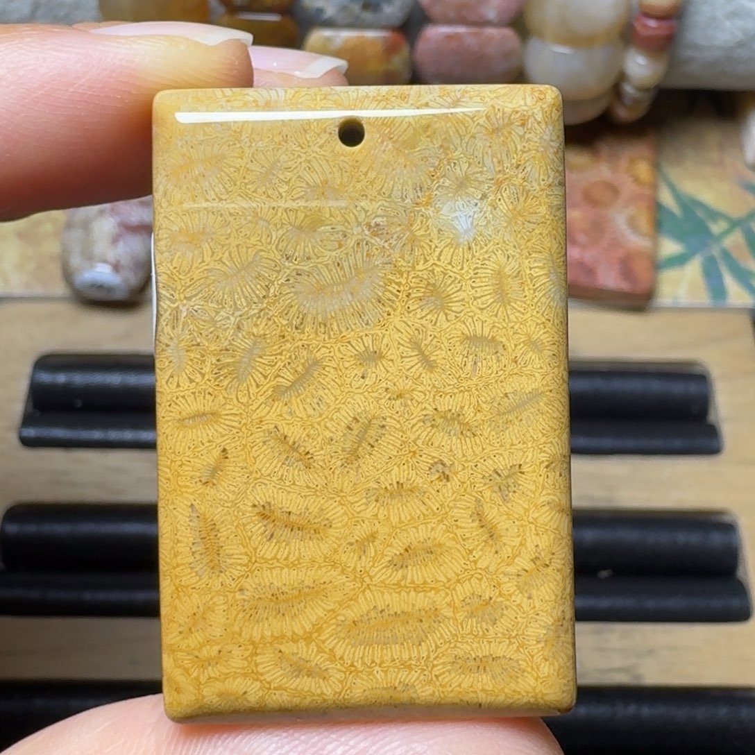 硅化玉金黄飘白虫纹，特价未镶嵌
