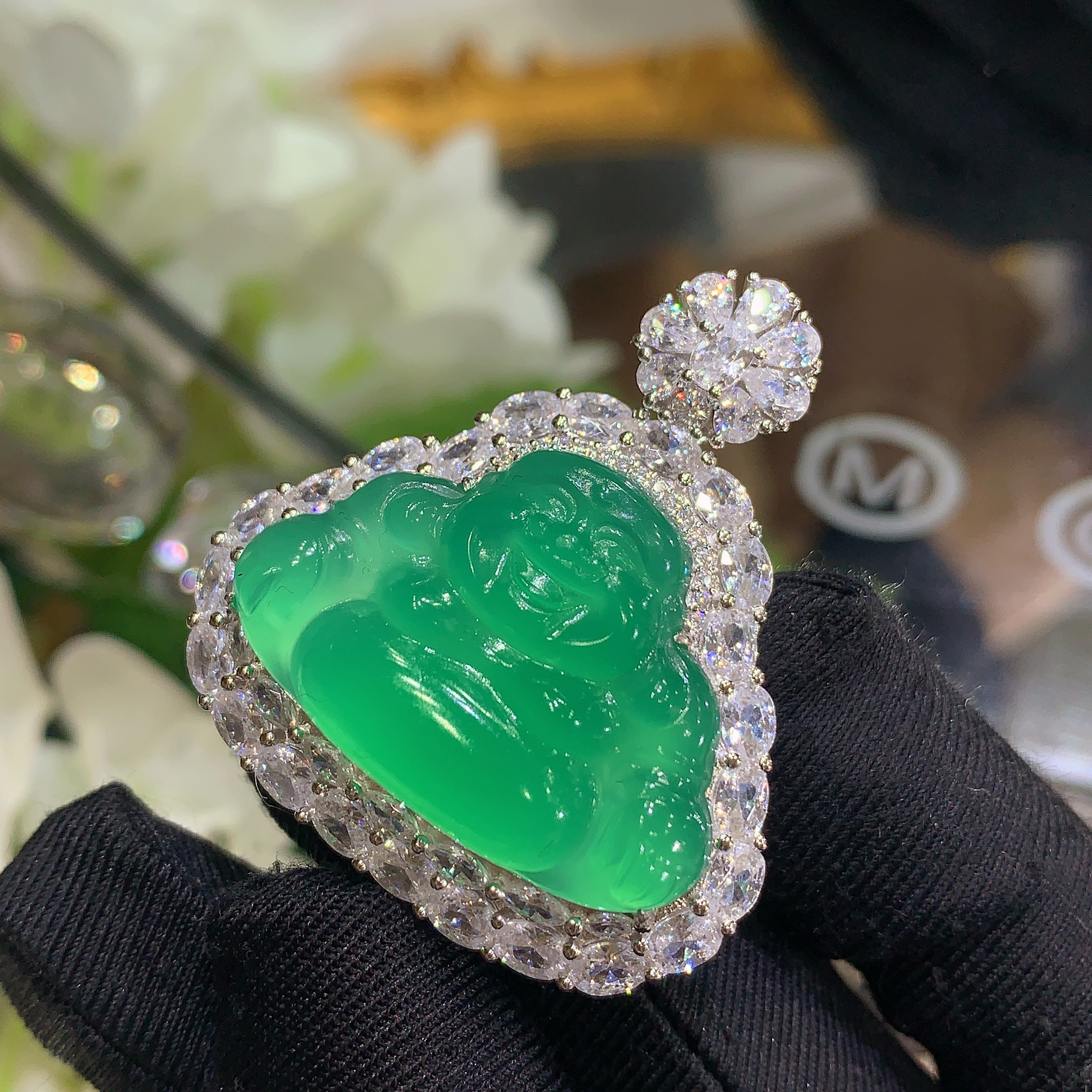 S925银镶天然绿玉髓弥勒佛公吊坠新中式国潮风时尚锁骨链百搭挂件