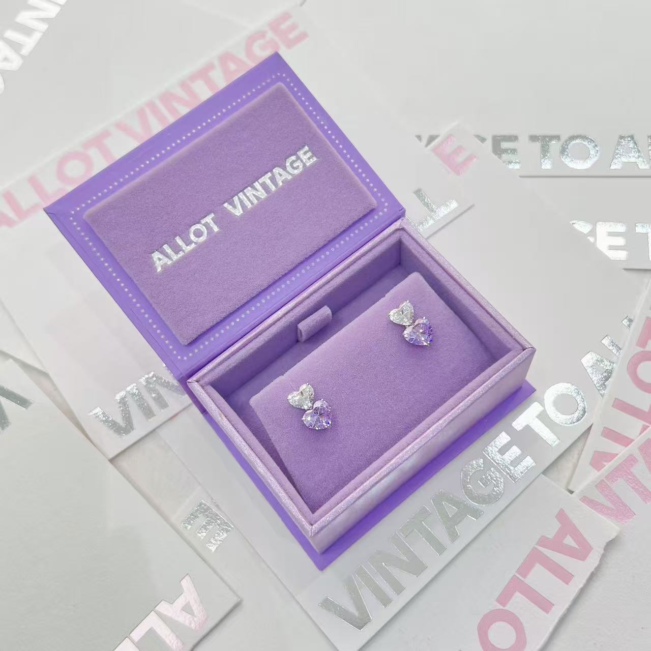 925银合成锆石耳饰 ALLOT 圣诞限定隐藏款梦幻紫双爱心耳环白拼紫