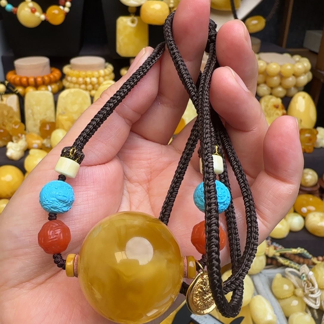 琥珀未镶嵌套链天然俄料溶洞妖花蜜蜡圆珠锁骨