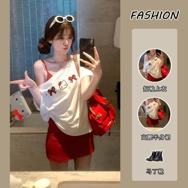 甜美辣妹斜肩波点kitty猫刺绣上衣短袖T恤半身裙两件套女夏季新款