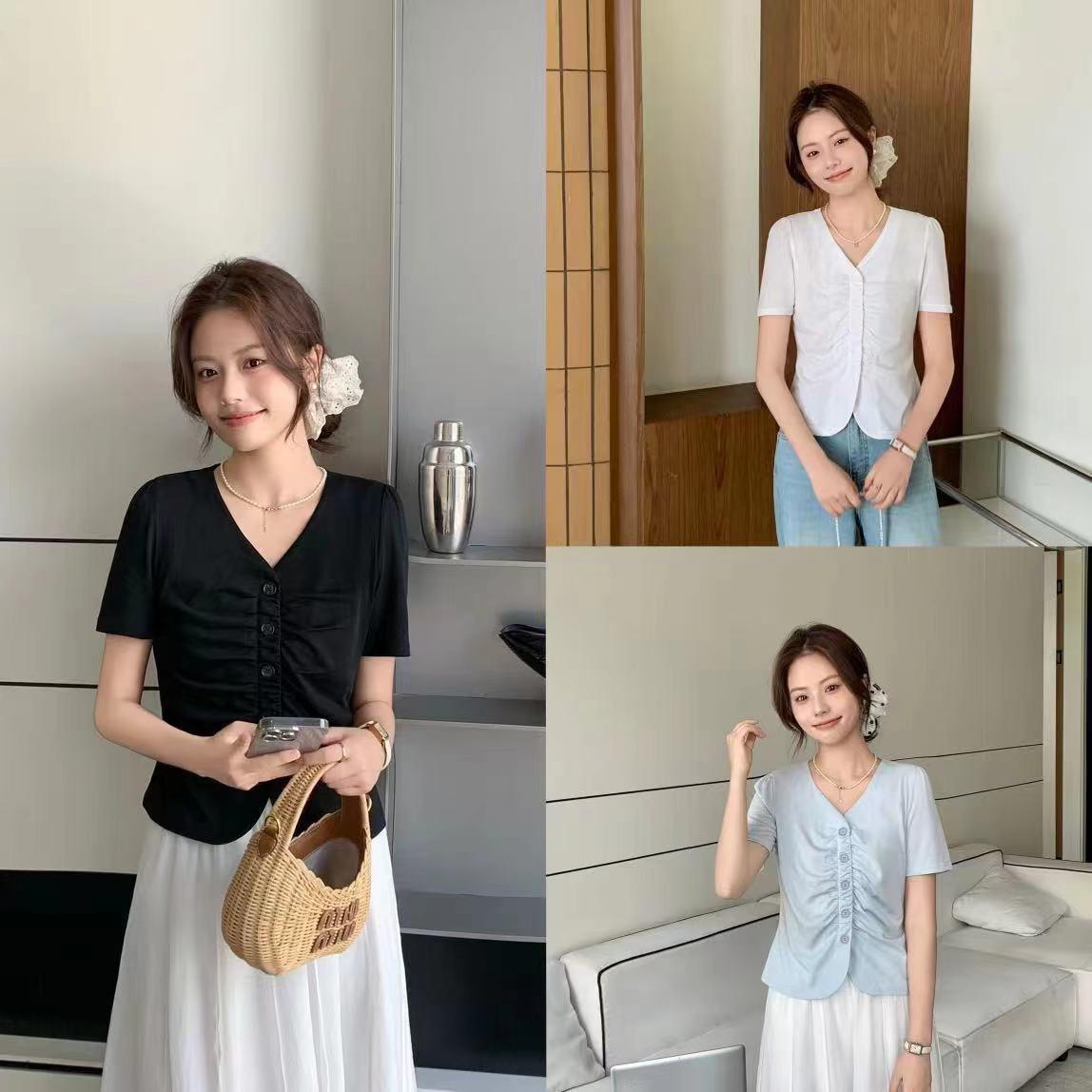 邹先森90130-29夏季新款时尚百搭V领褶皱显廋T恤气质复古显瘦