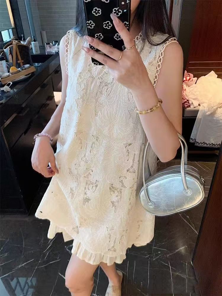 【1201~1250】法式小众圆领常规镂空时尚复古无袖夏季泡泡袖连衣裙