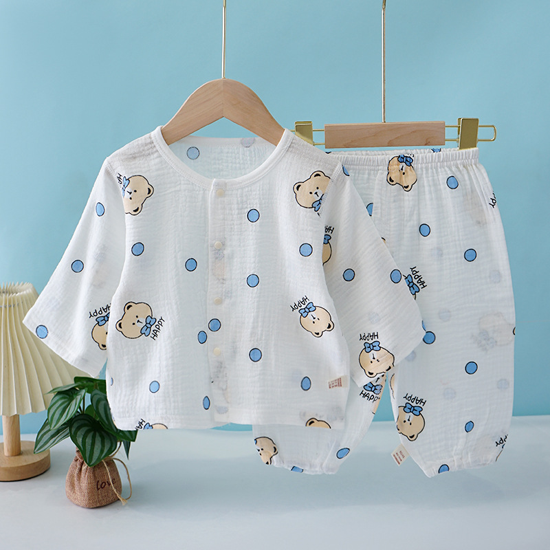 儿童纱布居家服睡衣套装宝宝双层棉纱透气小童空调服夏季薄款a类D