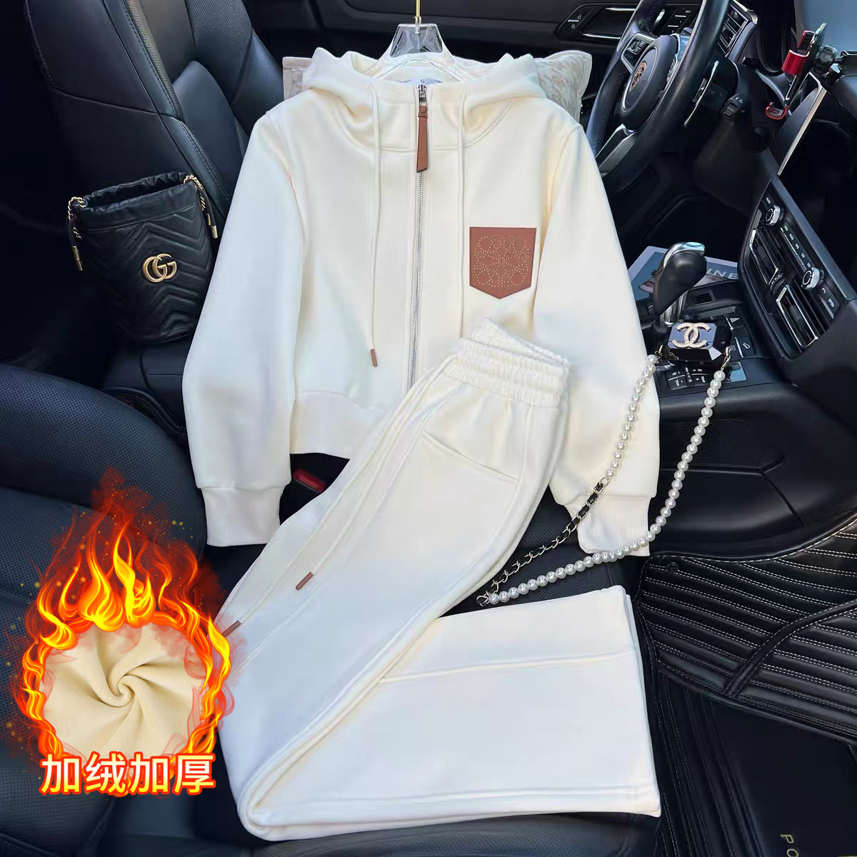 加绒加厚保暖时尚休闲套装2025冬季新款烫钻拉链连帽卫衣长裤套装