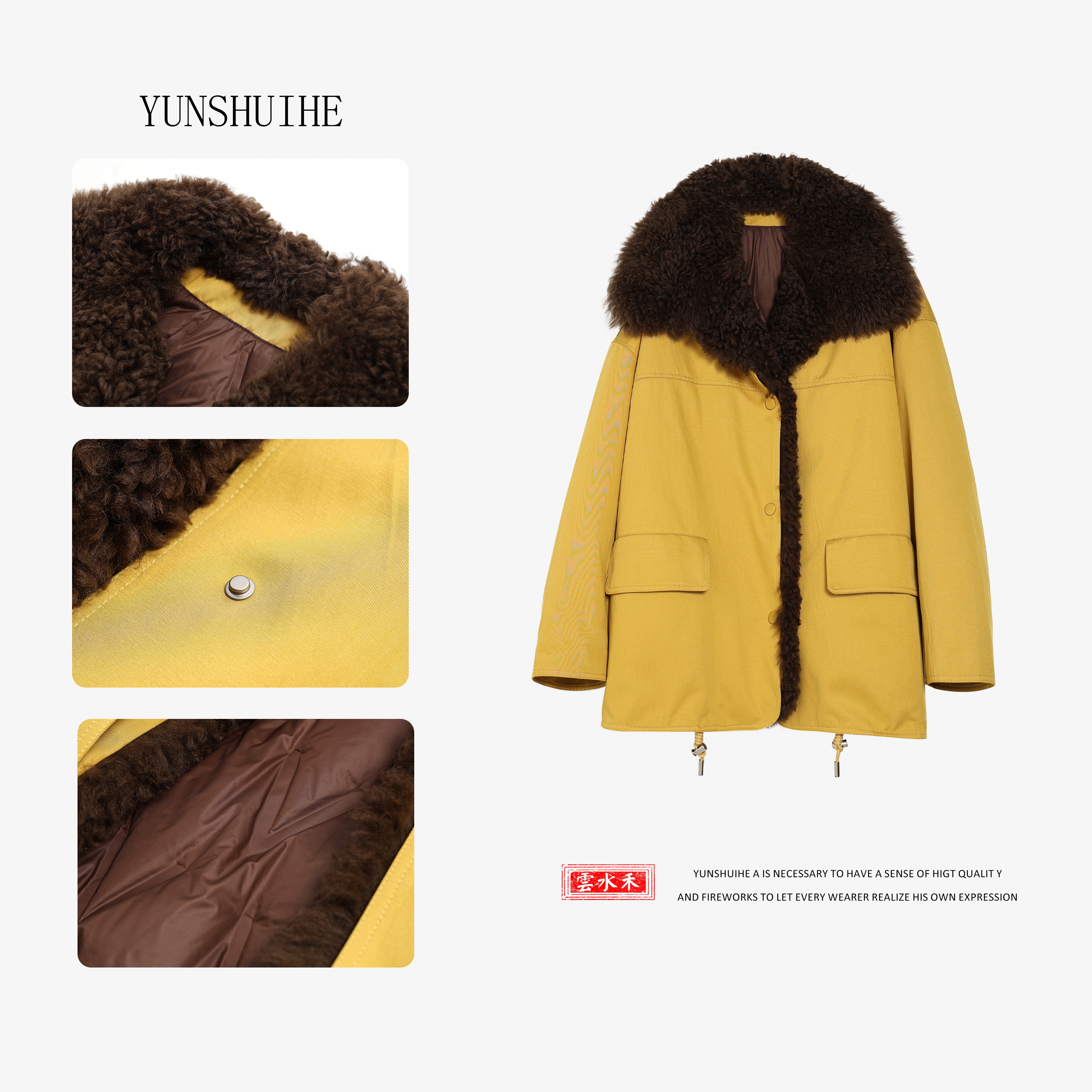 YUNSHUIHE/云水禾三星安心鹅绒羊羔毛翻领派克服