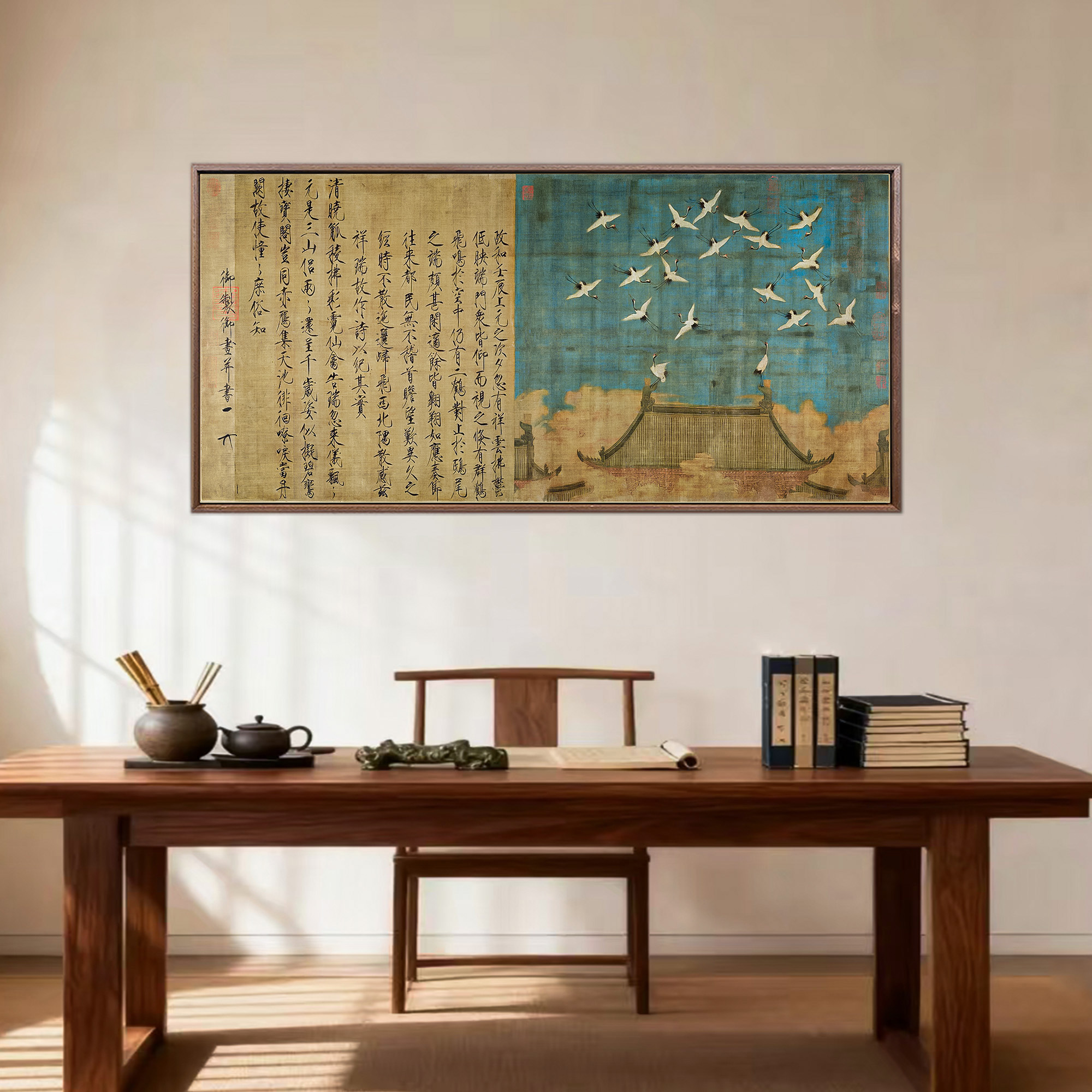 【瑞鹤图】玄关 走廊 书房 茶室 装饰挂画 中式 绢布满铺装裱