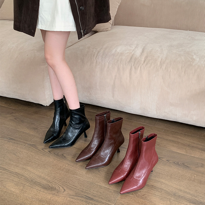 细跟短靴女2025新款百搭气质时尚复古尖头冬季弹力瘦瘦靴高跟靴