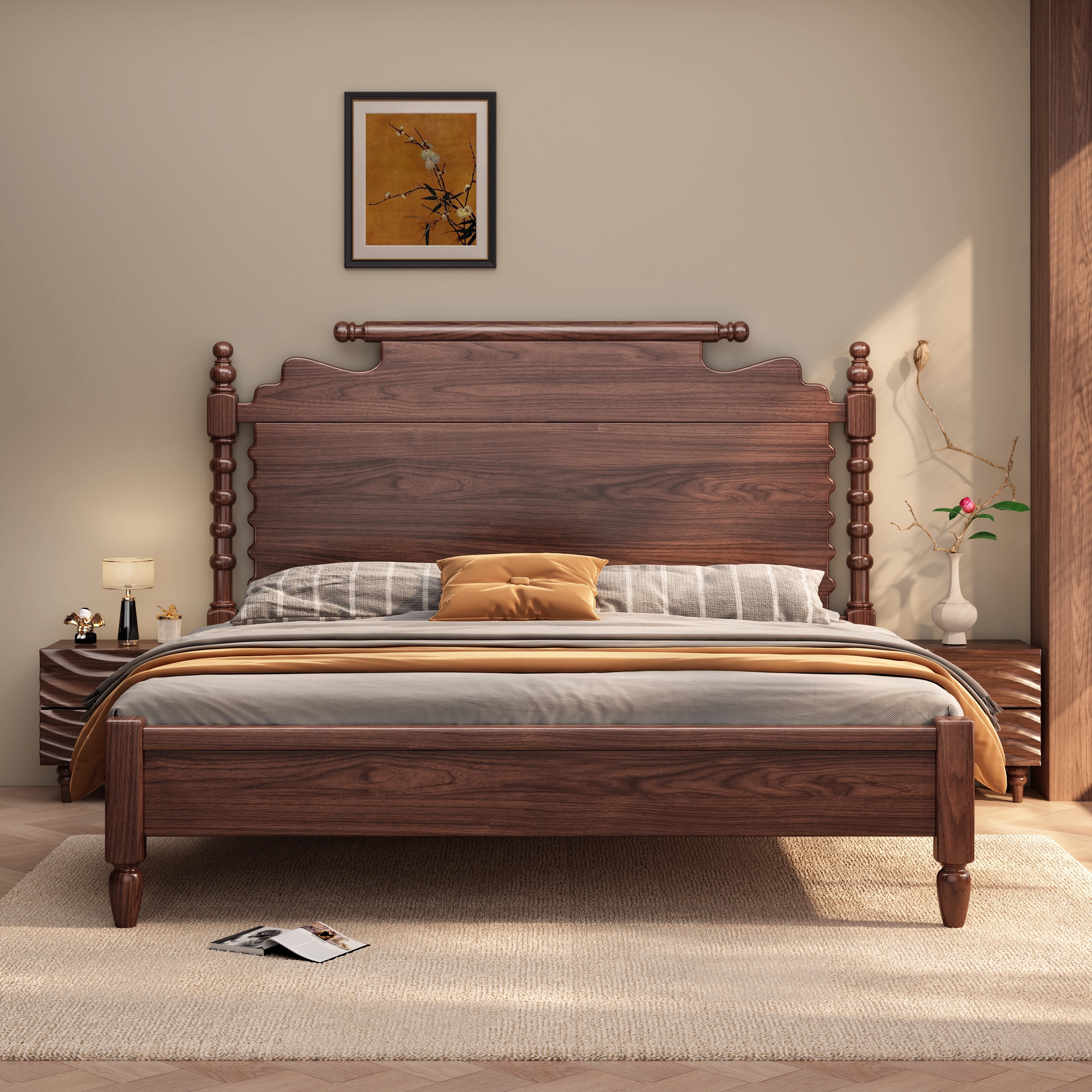 北美黑胡桃木床北欧现代简约实木床双人床1.8米主卧大床1.5单人床