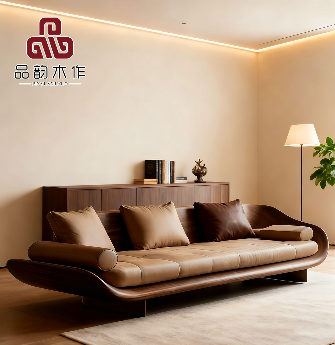 意式极简北美黑胡桃木实木沙发侘寂风高端别墅客厅直排三人位沙发