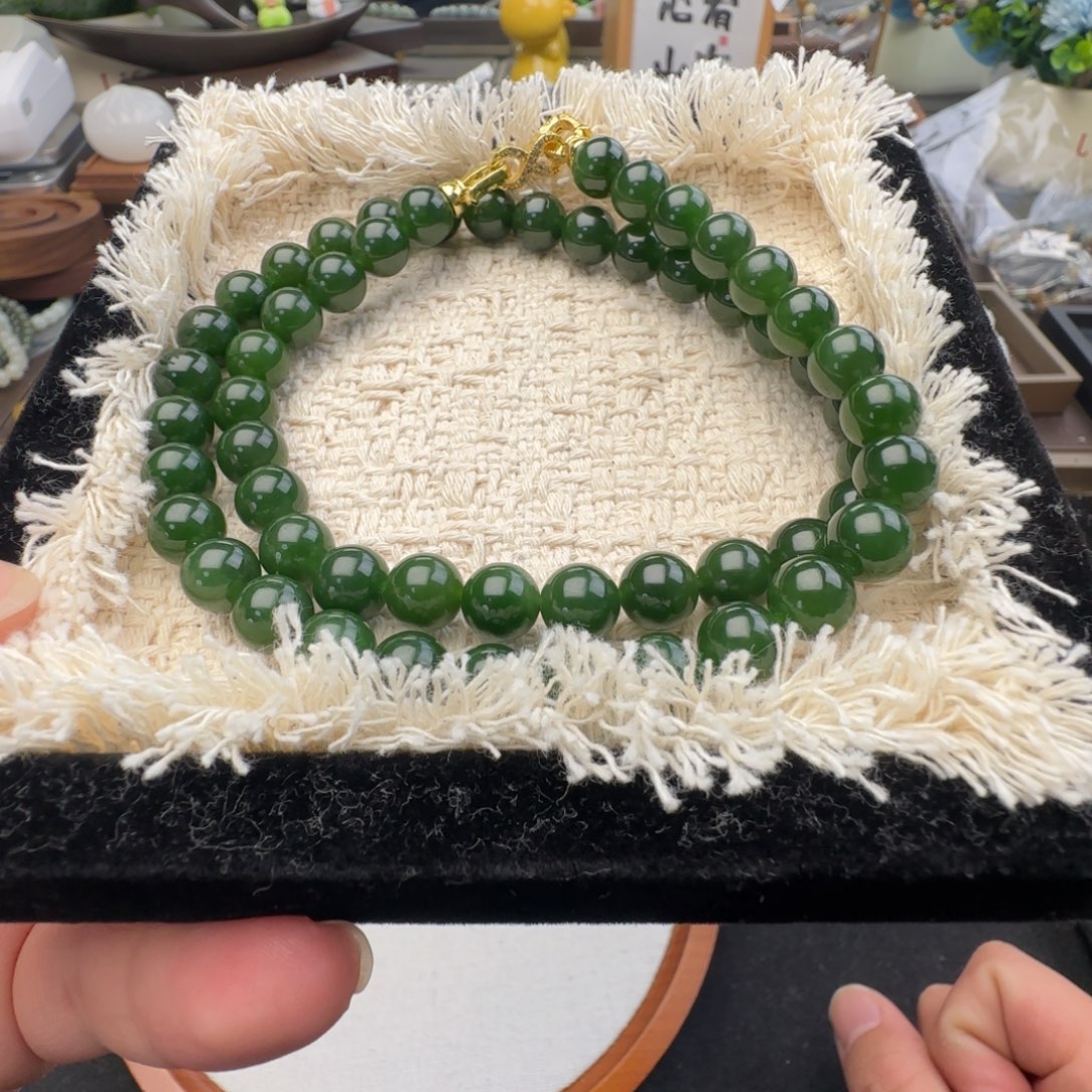 和田玉未镶嵌手链卡8无黑点菠菜绿碧玉女神链，90
