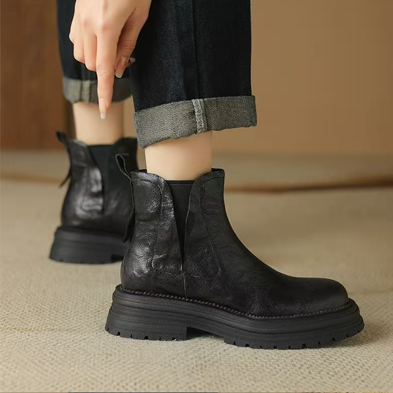 【新年现货现发】3cm真皮法式复古粗跟圆头厚底增高瘦瘦靴小短靴