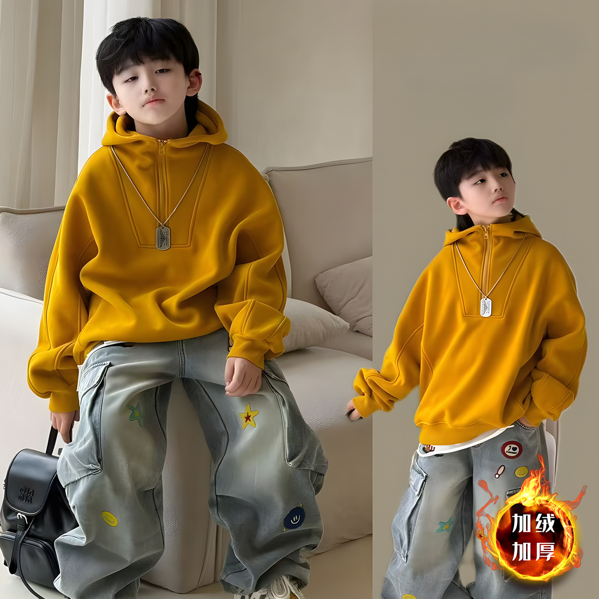 男童冬款加绒卫衣2025新款儿童冬季加厚上衣中大童男孩休闲时髦潮