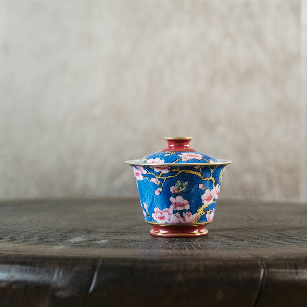 华隐堂陶瓷盖碗 手绘青花加彩玉兰茶碗 景德镇复古茶具