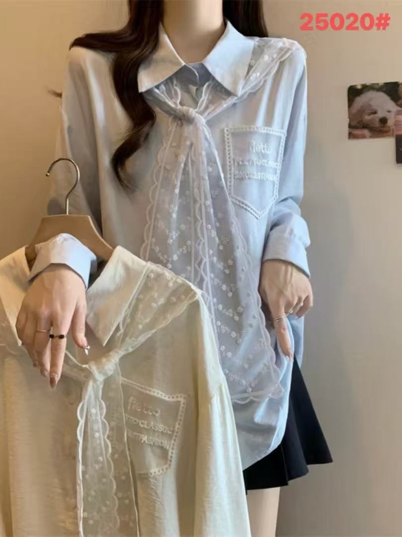长袖常规拼接开衫纯色蕾丝衬衫小众春季秋季宽松设计感时尚