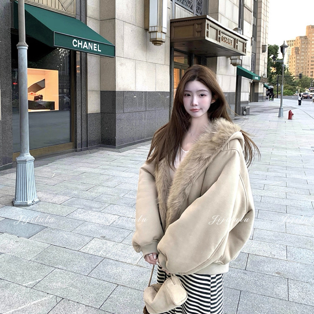 两面穿卫衣毛绒绒外套女连帽环保皮草加绒加厚秋冬网红款宽松短款