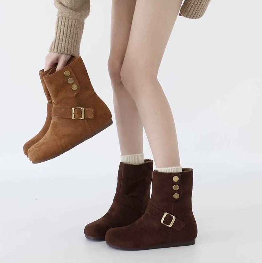 冬加绒高帮雪地靴休闲纯色欧美风学院风短靴女靴加厚防风防滑