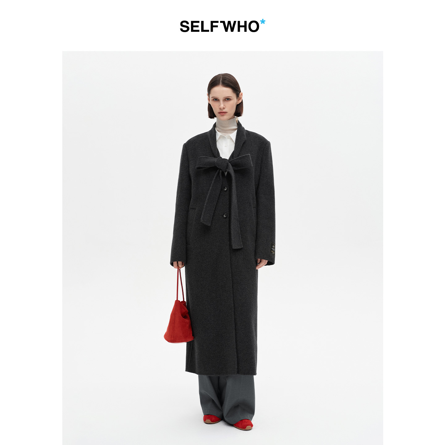SELFWHO100%绵羊毛经典飘带领双面呢大衣女2025冬新款V领毛呢外套