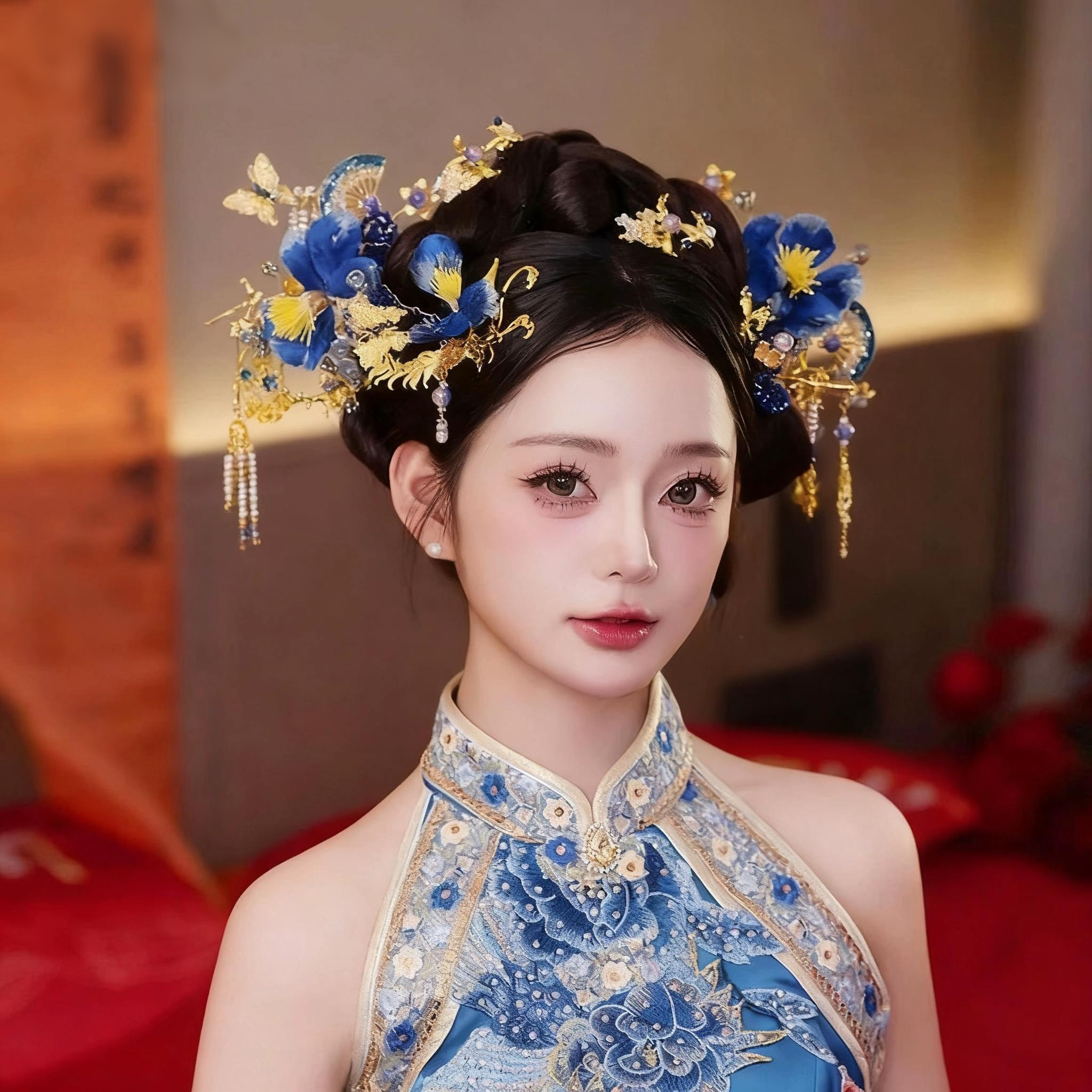 D01喜看新款蓝金色新中式秀禾新娘头饰