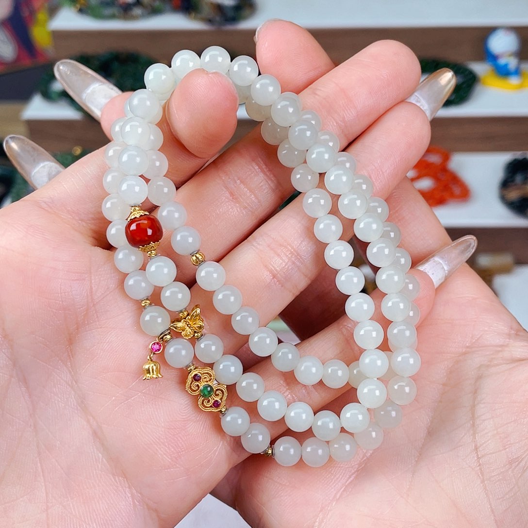 和田玉6mm新疆山流水白玉三圈设计款未镶嵌