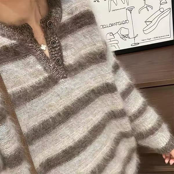 555韩式秋冬厚款女毛针织衫针织时尚毛圆领条纹