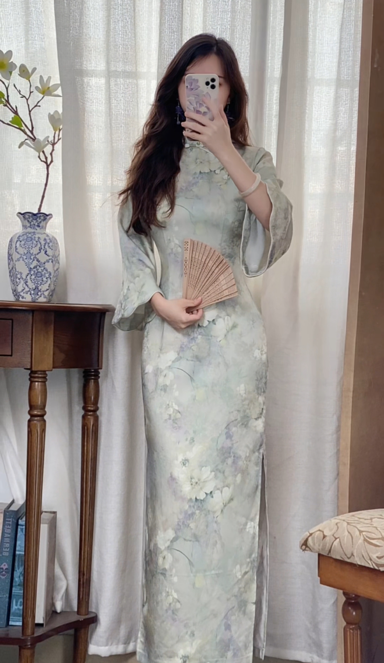 予溪自制【杨柳】秋冬新款气质优雅花瓣倒大袖子改良旗袍连衣裙