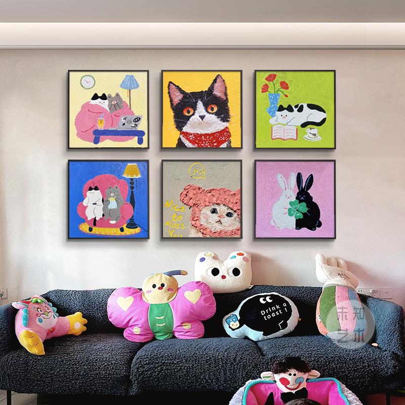 网红猫咪装饰画多巴胺客厅沙发背景墙壁画现代简约儿童房卧室挂画