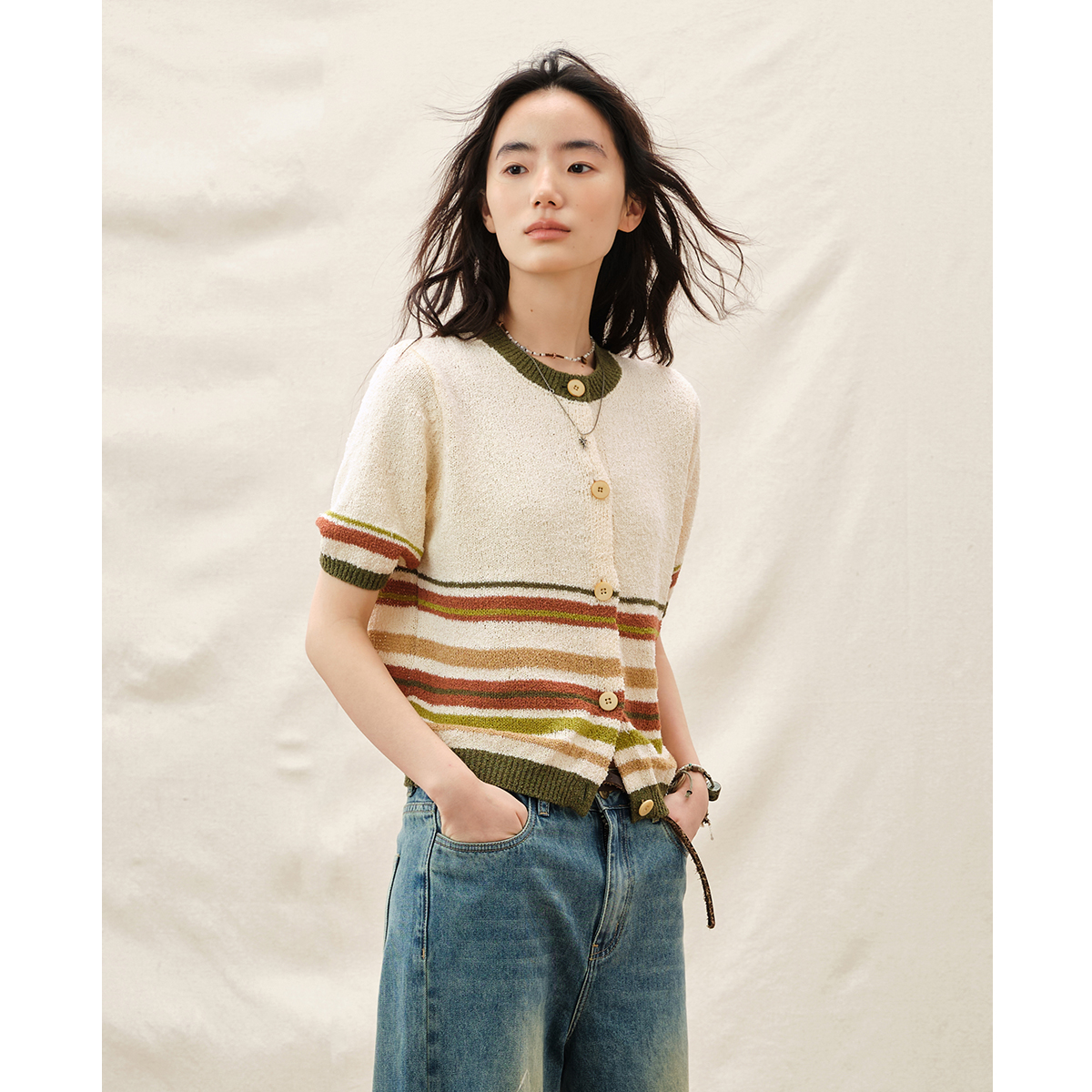 章鱼家【复古条纹】圆领短袖女夏针织开衫轻薄空调罩衫上衣octopusm