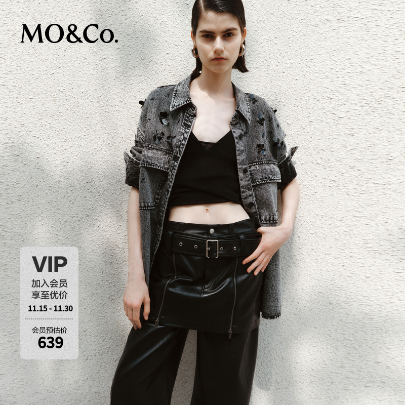 MOCO秋手工钉珠镜片棉质中性牛仔夹克衬衫外套MBD3JKT002