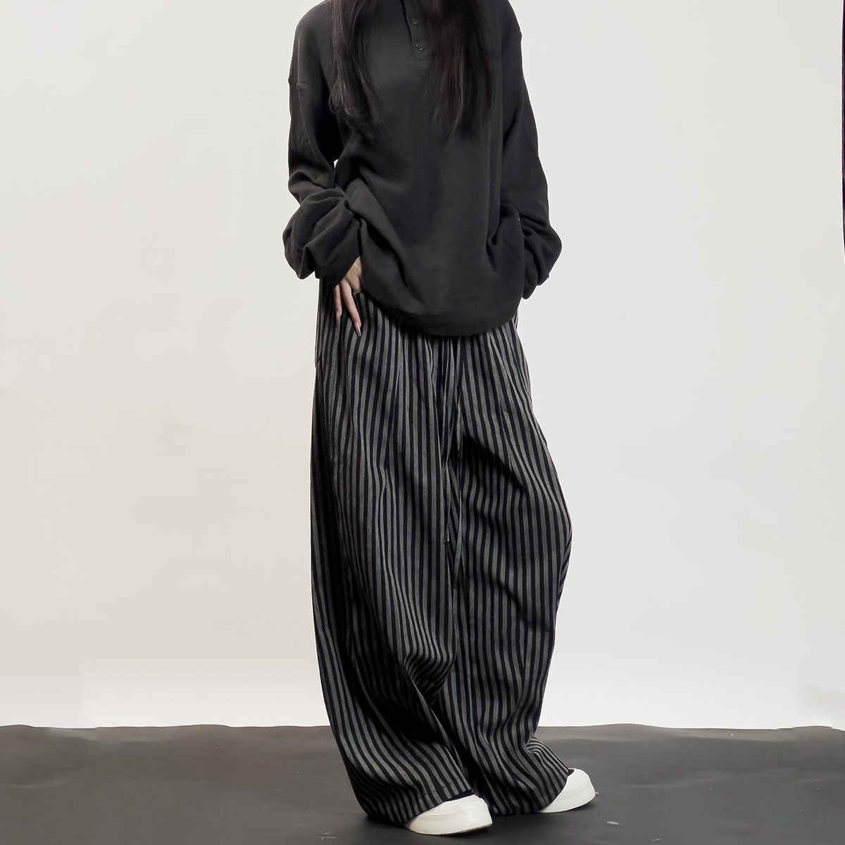 美式复古慵懒松弛竖条纹拖地裤男女港风休闲宽松百搭直筒阔腿裤男