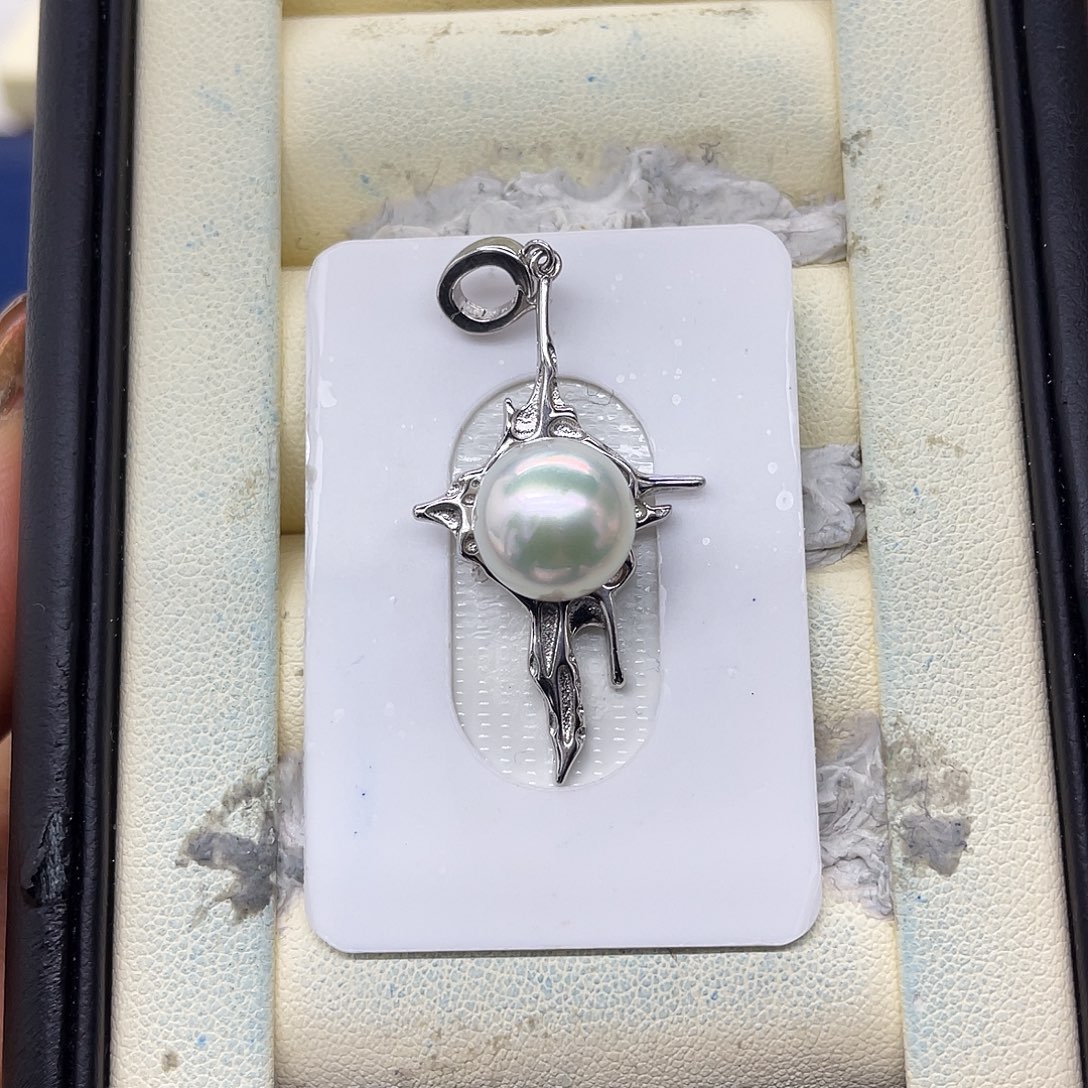 银S925镶嵌海水珍珠颈饰澳白宝石光吊坠10-11mm