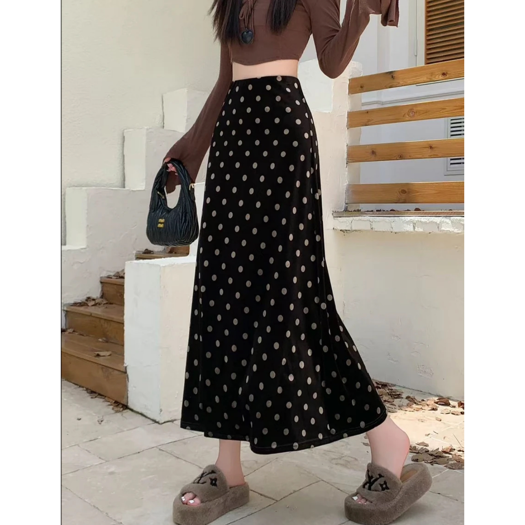丝绒波点高腰显瘦A字鱼尾半身裙秋冬新款