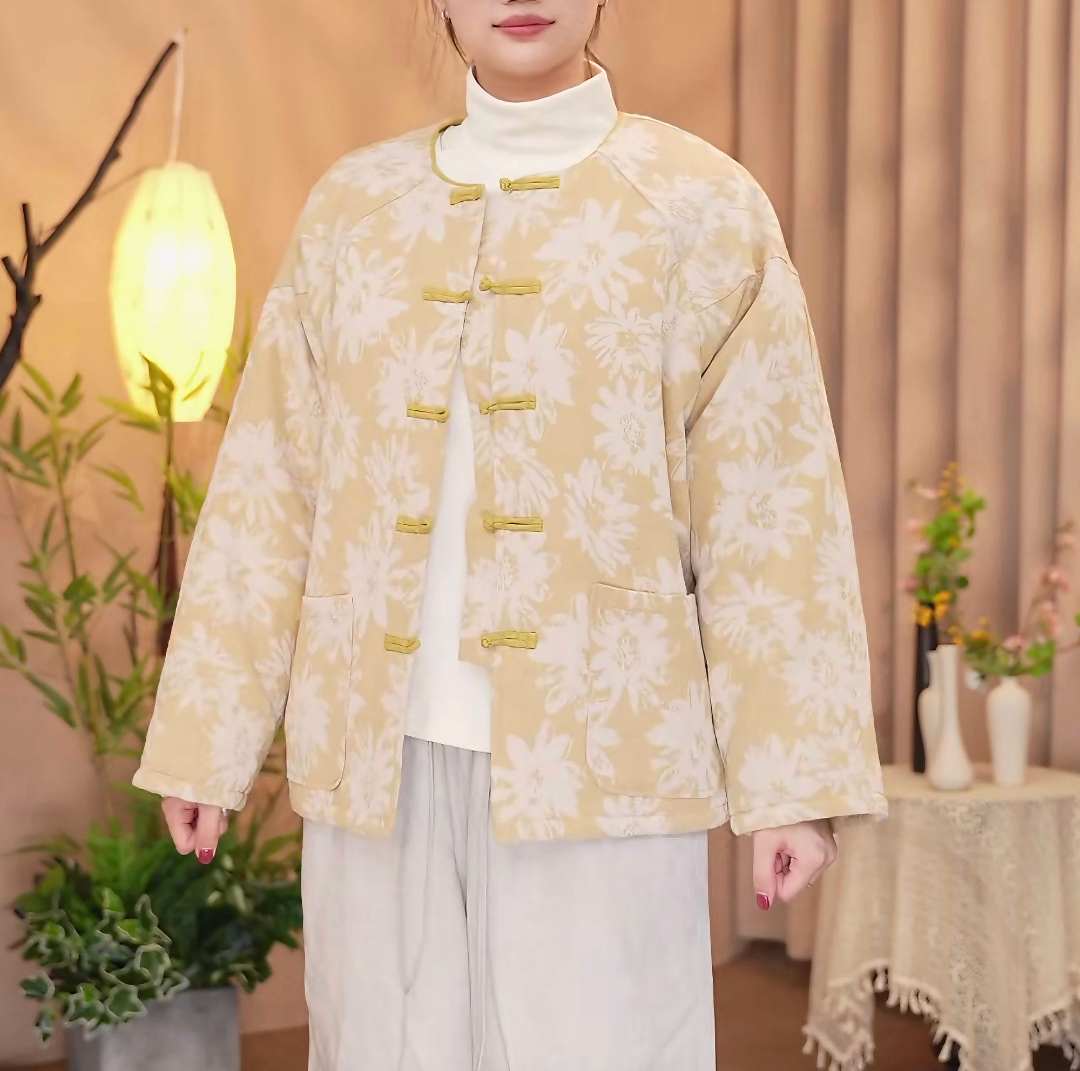 【沐锦】圆领厚款加棉色织提花保暖外套复古盘扣冬季女士国风棉服