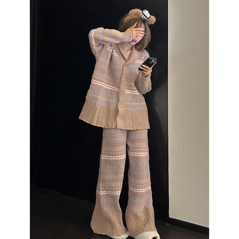韩系甜美休闲半边绒条纹睡衣女秋冬新款长袖长裤可外穿家居服套装