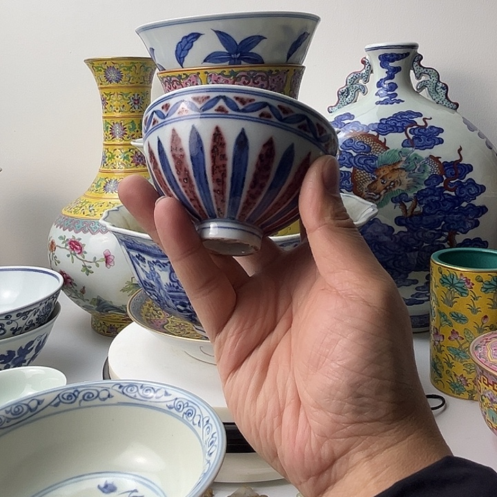 用***0摆件陶青花釉里红 鸡心碗
