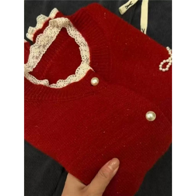 秋冬新款钉珠蝴蝶结洋气小香风圆领气质开衫款针织衫上衣女