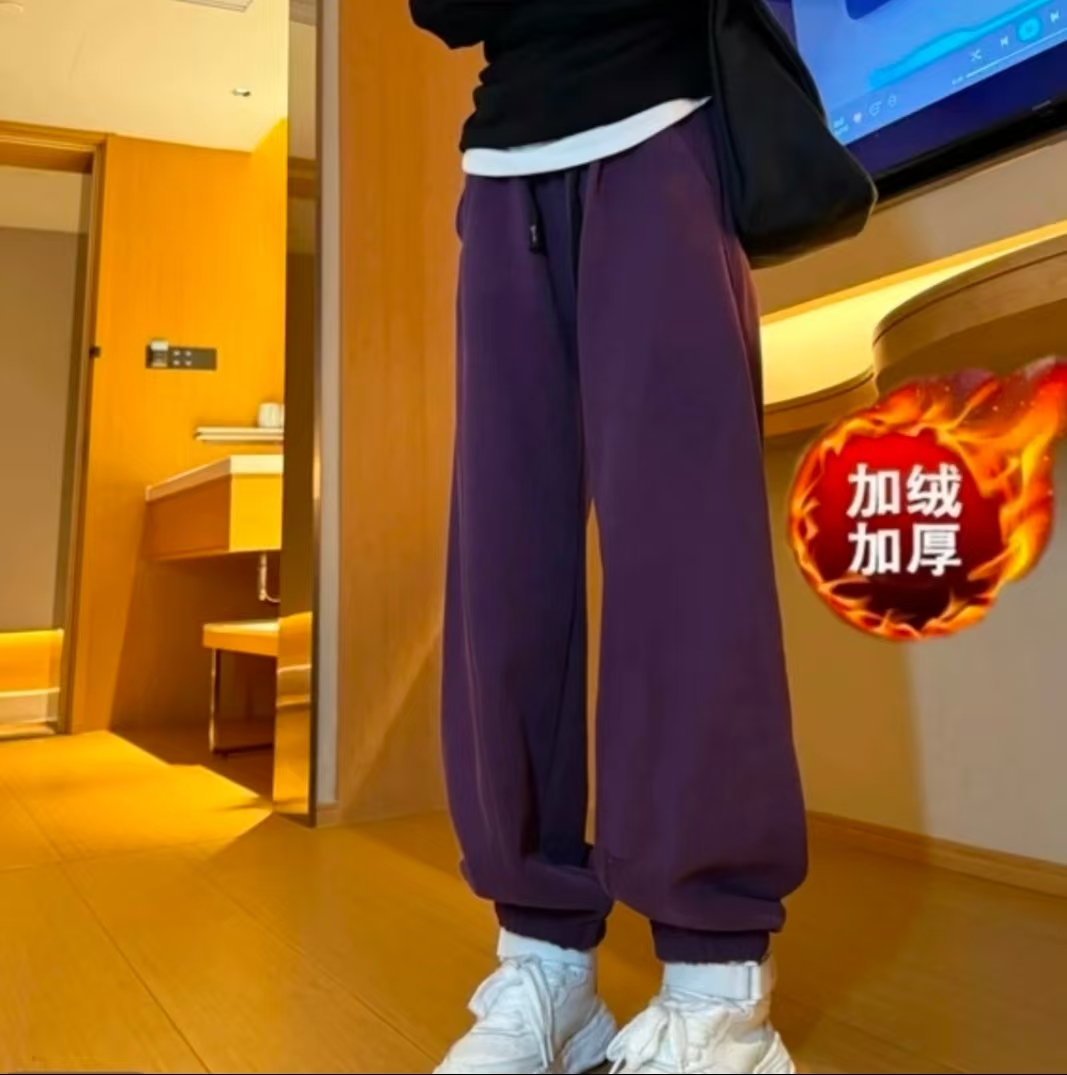 冬季加绒加厚2025时尚高腰刺绣显瘦束脚裤女宽松休闲裤运动卫裤子