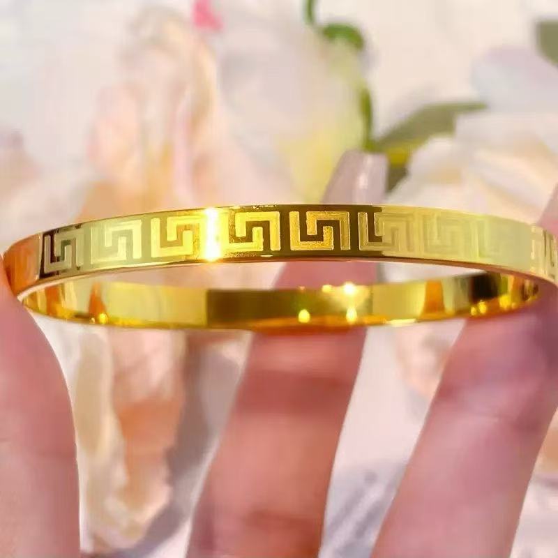 合金手镯 民族风长城纹圈口可调节亮闪爱心金素款实心简约精美